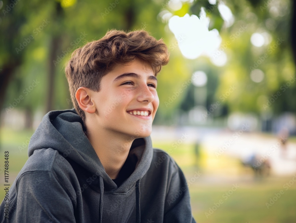 Teenage boy wearing a gray hoodie smiles joyfully while resting in a vibrant green park after playing basketball with friends, ample copyspace for text. Teenage boy wearing a gray hoodie smiles joyfully while resting in a vibrant green park after playing basketball with friends, ample copyspace for text.