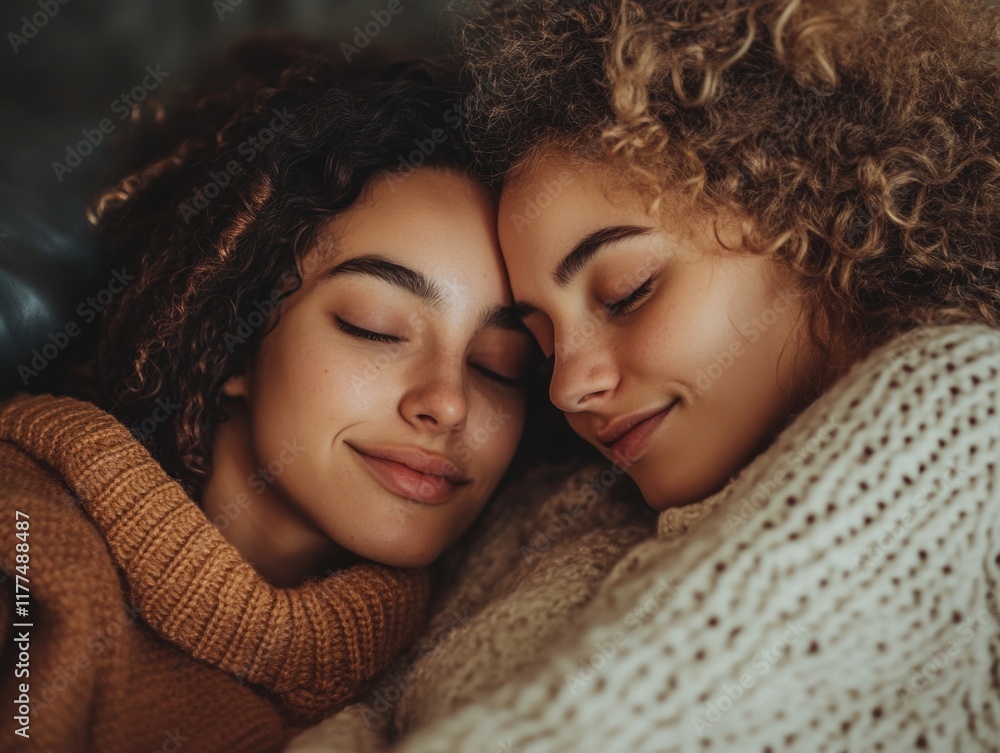Cozy intimate scene of two women with curly hair cuddling on a sofa at home, warm tones of beige and brown, perfect for romantic text overlay. Cozy intimate scene of two women with curly hair cuddling on a sofa at home, warm tones of beige and brown, perfect for romantic text overlay.