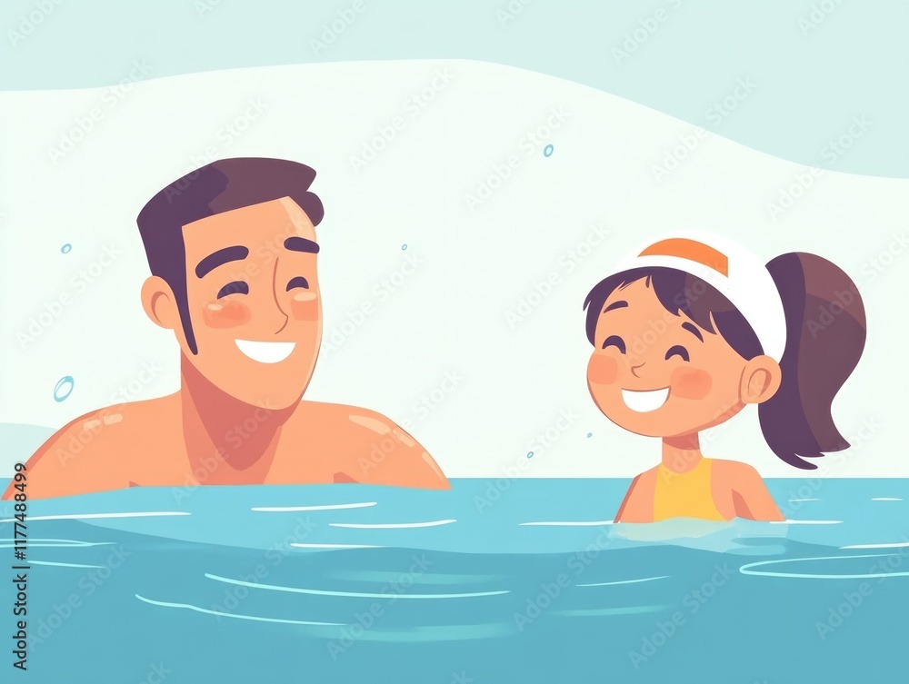 Swim instructor teaches preschool girl proper swimming techniques in clear blue pool water during warm season with cheerful atmosphere and ample copyspace Swim instructor teaches preschool girl proper swimming techniques in clear blue pool water during warm season with cheerful atmosphere and ample copyspace