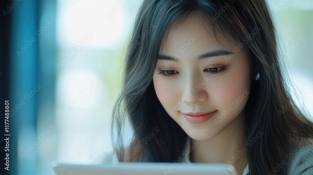 Young Asian woman smiling while using digital tablet in modern office with soft natural light showcasing technological proficiency and professional focus Young Asian woman smiling while using digital tablet in modern office with soft natural light showcasing technological proficiency and professional focus
