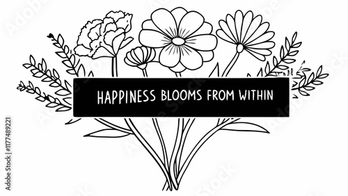 A colorful illustration of a flower bouquet in a vase with the quote "Happiness Blooms from Within," promoting self-care and positive mental health.