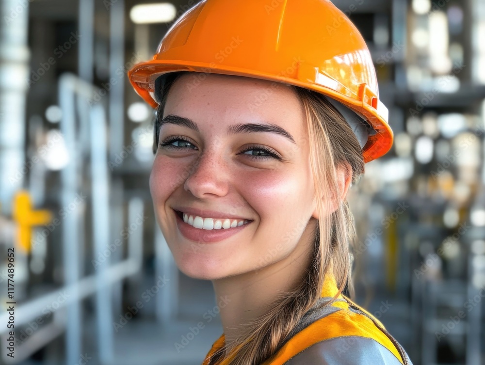 Confident female engineer in orange safety helmet smiling at successful project in industrial environment with bright natural lighting and ample copyspace Confident female engineer in orange safety helmet smiling at successful project in industrial environment with bright natural lighting and ample copyspace