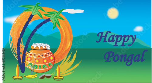 Pongal is the harvest festival of the Tamil people .Pongal greetings ,paddy grain,  paddy field, sugarcane, sun 