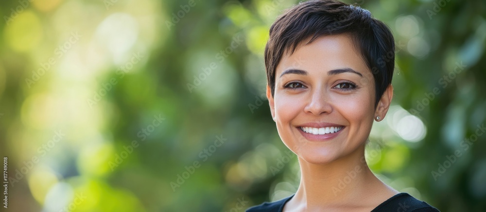 Cheerful Hispanic woman with short dark hair smiling brightly outdoors against a vibrant green blurred background with ample copy space for text Cheerful Hispanic woman with short dark hair smiling brightly outdoors against a vibrant green blurred background with ample copy space for text
