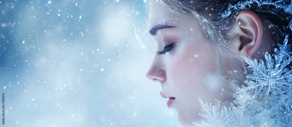 Elegant Ice Princess Profile in Winter Wonderland with Snowflakes and Frosty Background for Text Overlay in Soft Blues and Whites Elegant Ice Princess Profile in Winter Wonderland with Snowflakes and Frosty Background for Text Overlay in Soft Blues and Whites