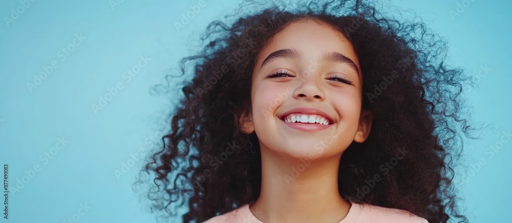 Cheerful young girl with curly hair in casual attire smiling brightly against a vibrant blue background with ample empty space for text or branding. Cheerful young girl with curly hair in casual attire smiling brightly against a vibrant blue background with ample empty space for text or branding.