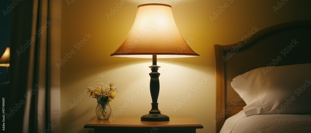 Lighting romantic and peaceful serene. A bedside lamp illuminating a cozy room with flowers nearby. Lighting romantic and peaceful serene. A bedside lamp illuminating a cozy room with flowers nearby.