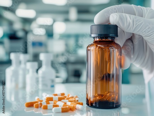 A hand in a glove holds a brown pill bottle, surrounded by scattered capsules and small vials in a clinical lab setting.