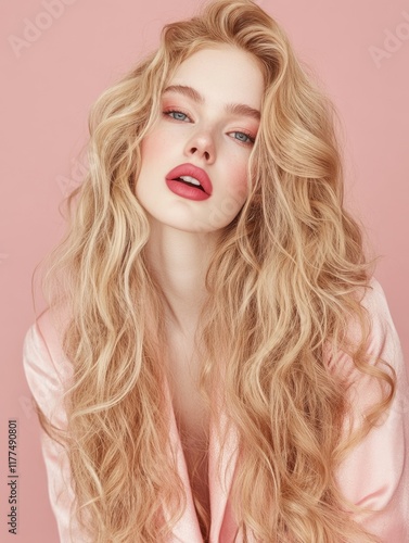 Beautiful blonde woman with long curly hair and pink lipstick against a soft pink background ideal for beauty and fashion concepts with large empty copyspace. photo