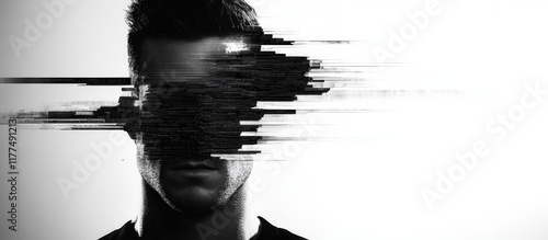 Abstract black and white portrait of a man with digital glitch effect creating distortion and significant empty space for text placement. photo