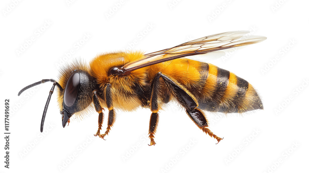 Honeybee Closeup Profile View, Detailed Wings and Body Honeybee Closeup Profile View, Detailed Wings and Body