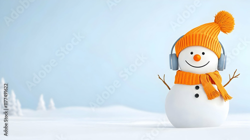 Happy snowman listening to music in winter wonderland.  Perfect for holiday cards or winter themed websites. photo