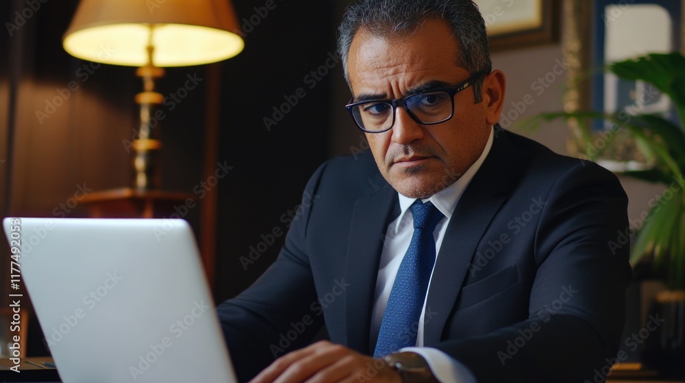Focused middle aged Latin businessman in a black suit and glasses working intently on a laptop at a polished wooden desk in a modern office with warm lighting and plants. Focused middle aged Latin businessman in a black suit and glasses working intently on a laptop at a polished wooden desk in a modern office with warm lighting and plants.