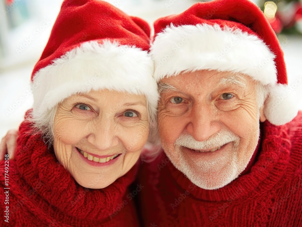 Joyful senior couple in festive Santa hats sharing a warm smile at home surrounded by Christmas decorations in vibrant red and white hues, ideal holiday atmosphere. Joyful senior couple in festive Santa hats sharing a warm smile at home surrounded by Christmas decorations in vibrant red and white hues, ideal holiday atmosphere.
