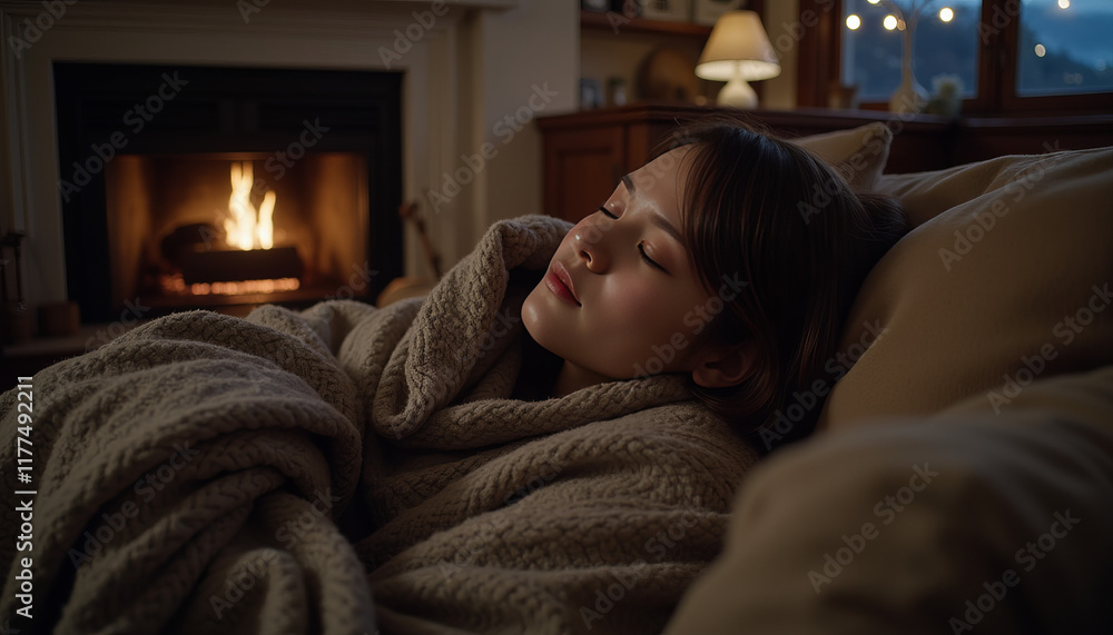 Woman peacefully sleeping with a soft blanket in cozy lighting Woman peacefully sleeping with a soft blanket in cozy lighting