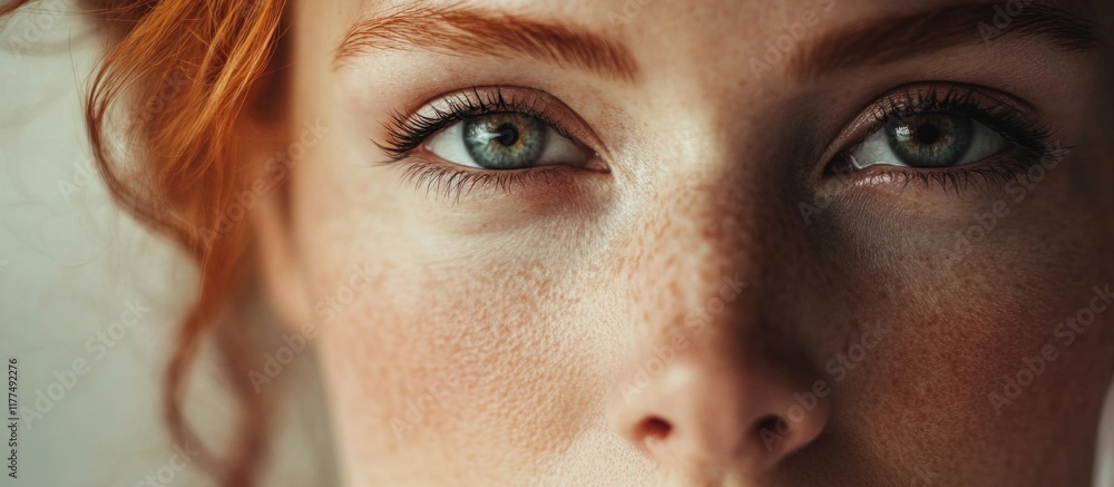 Caucasian woman with striking red hair and green eyes close up, featuring soft lighting and ample negative space for text in a serene background. Caucasian woman with striking red hair and green eyes close up, featuring soft lighting and ample negative space for text in a serene background.