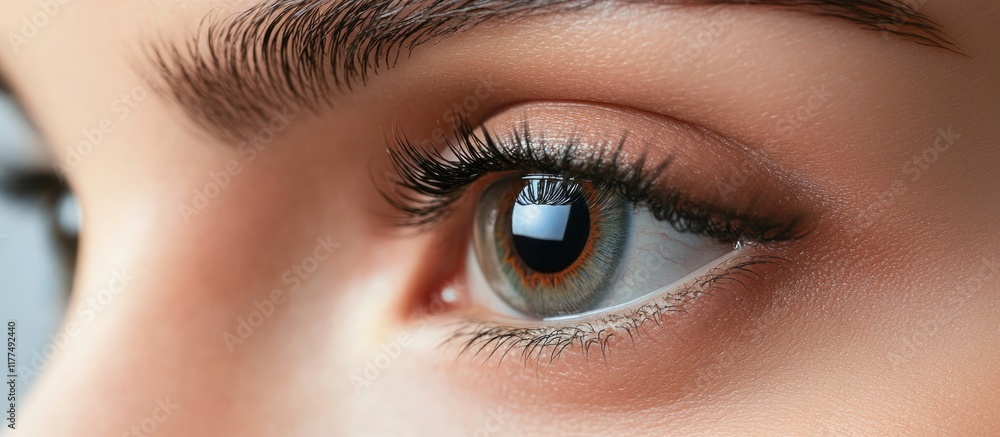 Obraz premium Detailed macro close-up of a beautiful woman's eye featuring a contact lens with soft blue and green hues in a natural indoor setting, ideal for beauty and cosmetic concepts.