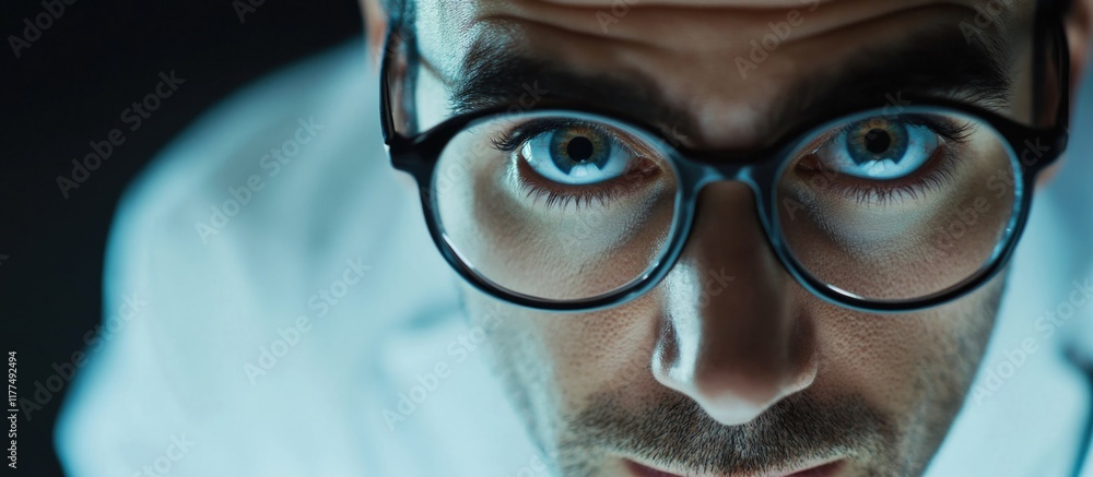 Close-Up Image of Male Doctor in Glasses with Blue Eyes Against Dark Background Featuring Empty Space for Text and Professional Appeal Close-Up Image of Male Doctor in Glasses with Blue Eyes Against Dark Background Featuring Empty Space for Text and Professional Appeal