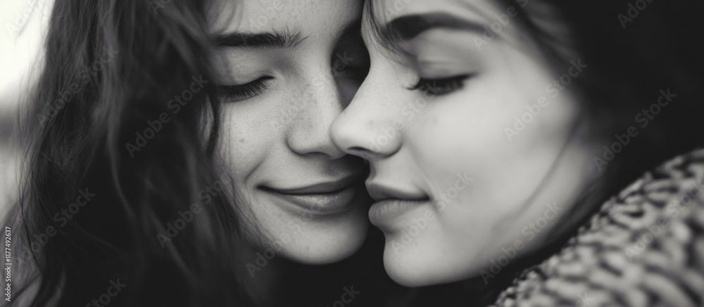 Intimate black and white close-up portrait of two joyful girlfriends embracing in a serene park setting, with ample negative space for text inclusion. Intimate black and white close-up portrait of two joyful girlfriends embracing in a serene park setting, with ample negative space for text inclusion.