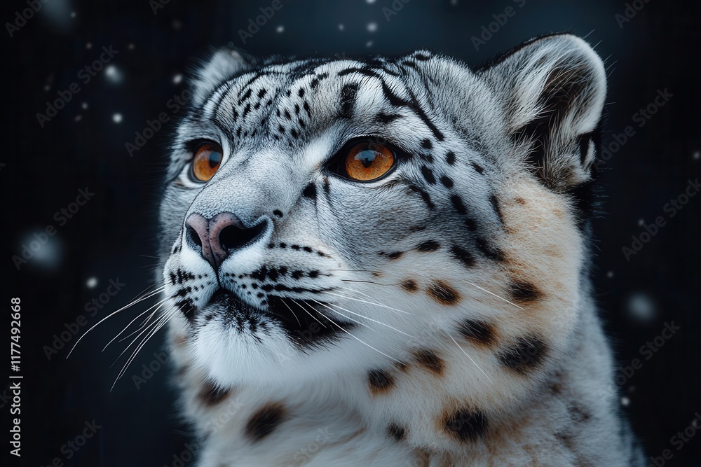 Naklejka premium majestic snow leopard portrait in dramatic black background with intense eyes and detailed fur texture, wildlife photography in studio setting