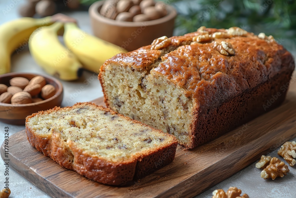 Delicious banana bread loaf with slices on wooden board kitchen setting food photography warm atmosphere close-up view Delicious banana bread loaf with slices on wooden board kitchen setting food photography warm atmosphere close-up view