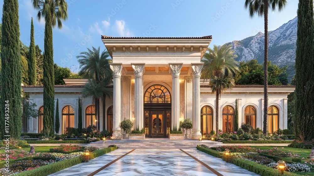 Fototapeta premium Luxurious, grand mansion exterior, architectural design, classic style