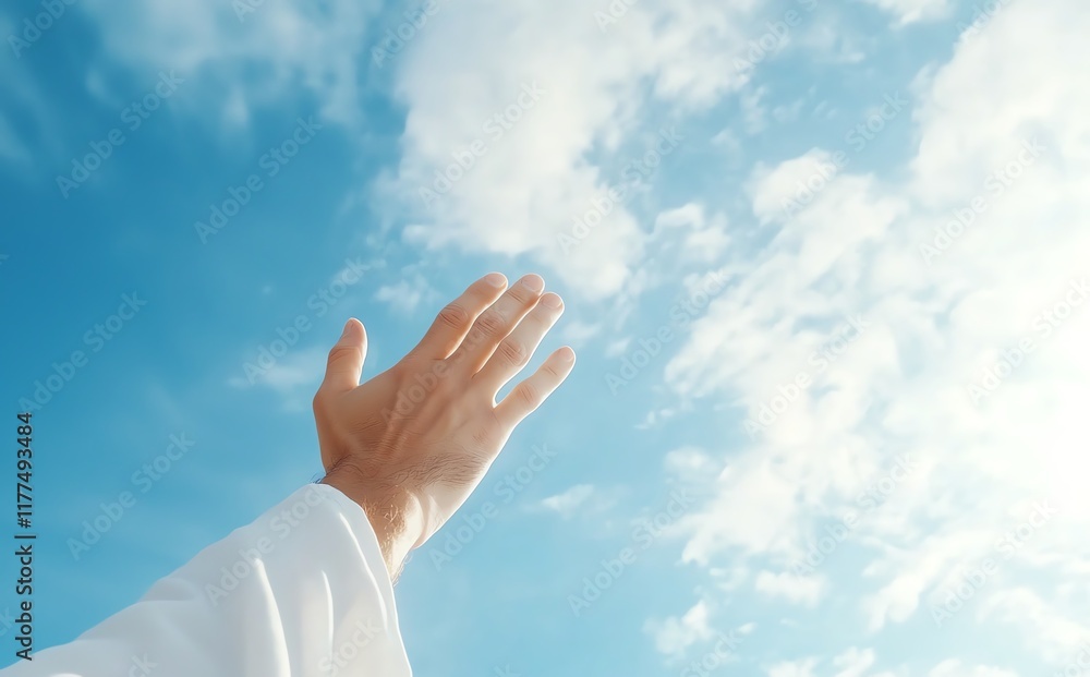 A hand reaching towards the sky on a bright sunny day, symbolizing freedom, hope, and aspiration amid fluffy white clouds and clear blue skies. A hand reaching towards the sky on a bright sunny day, symbolizing freedom, hope, and aspiration amid fluffy white clouds and clear blue skies.