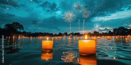 Lighting romantic and peaceful serene. Floating candles illuminate a serene water scene with fireworks in the background under a dramatic sky. photo