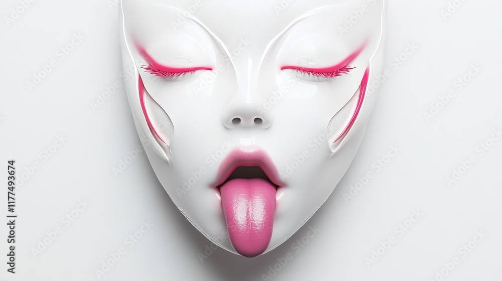 Serene Mask, Pink Tongue - A surreal 3D- mask with delicate facial features, closed eyes, and a pink tongue. Symbolizing mystery, playfulness, serenity, artificiality, and hidden identity. Serene Mask, Pink Tongue - A surreal 3D- mask with delicate facial features, closed eyes, and a pink tongue. Symbolizing mystery, playfulness, serenity, artificiality, and hidden identity.