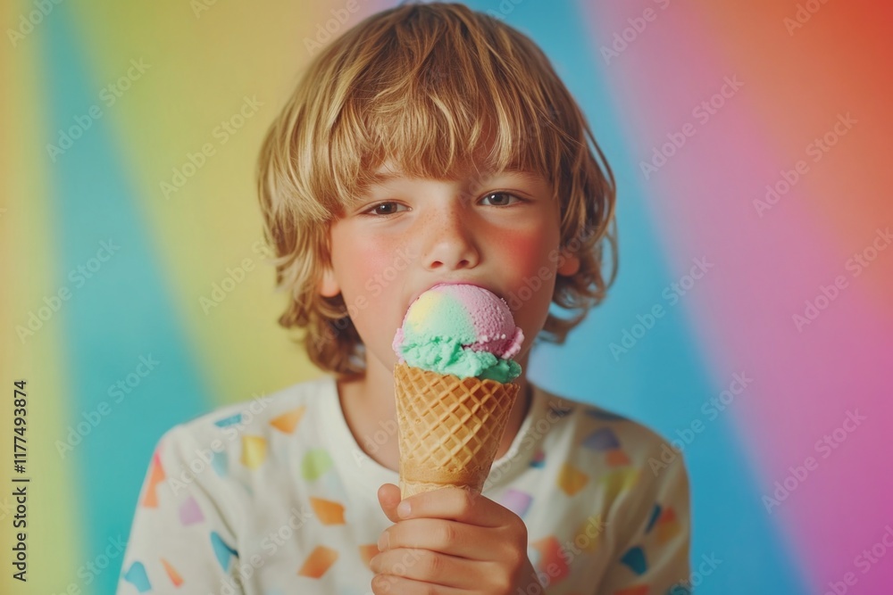 Playful boy enjoying a vibrant multicolored ice cream cone in a waffle cone against a vivid rainbow background in warm summer light Playful boy enjoying a vibrant multicolored ice cream cone in a waffle cone against a vivid rainbow background in warm summer light