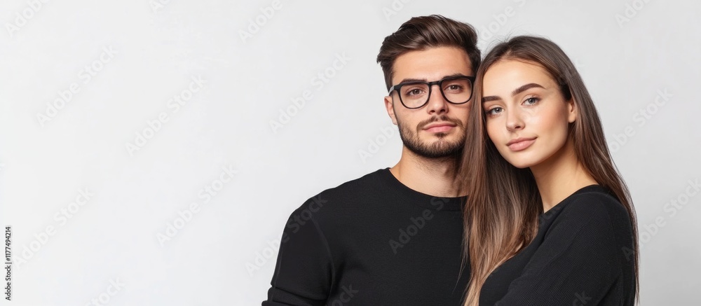 Trendy couple in stylish black attire embracing on white studio background symbolizing equality and inclusivity with modern fashion dynamics Trendy couple in stylish black attire embracing on white studio background symbolizing equality and inclusivity with modern fashion dynamics