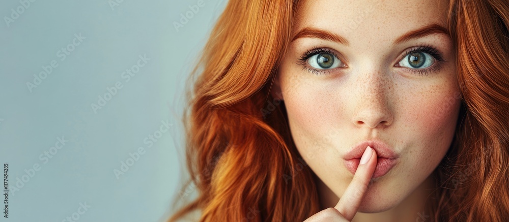 Red-haired girl holding a finger to her lips signaling for silence with a soft blue background and ample empty space for text overlay Red-haired girl holding a finger to her lips signaling for silence with a soft blue background and ample empty space for text overlay
