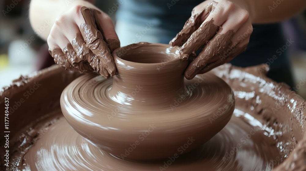 Two diverse female artisans shaping a clay vase on a potter's wheel in a pottery studio with warm earthy tones and ample empty space for text Two diverse female artisans shaping a clay vase on a potter's wheel in a pottery studio with warm earthy tones and ample empty space for text