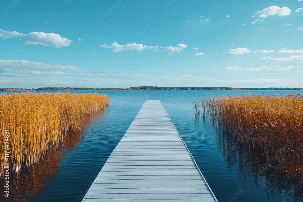 Obraz premium Tranquil boardwalk stroll over still waters serene lake landscape nature photography calm environment panoramic view