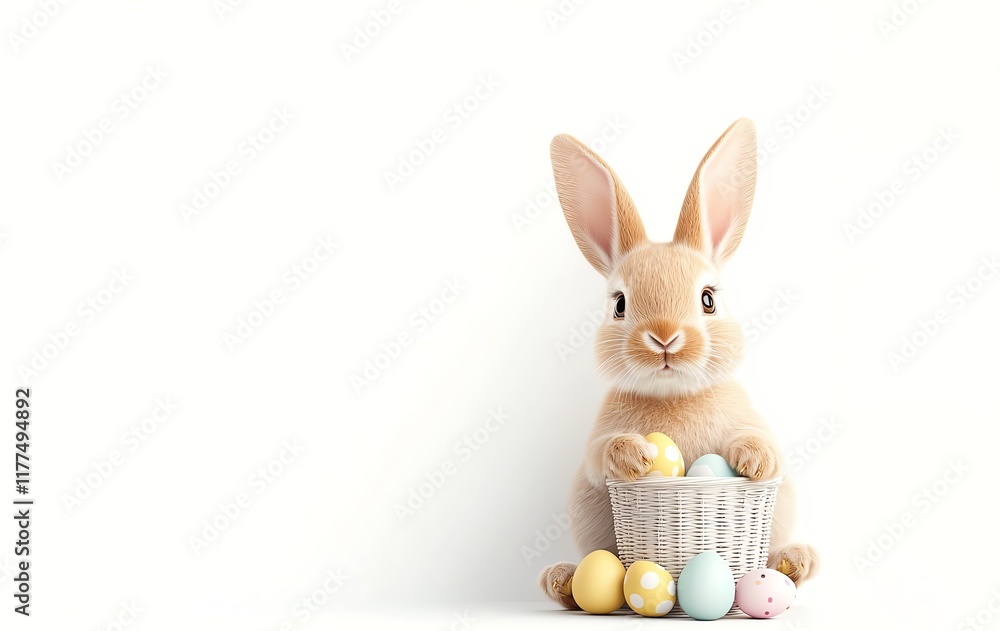 Cute bunny with long ears holding a basket of colorful Easter eggs, symbolizing spring and joy against a minimalistic white background.