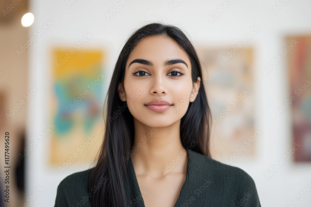 Confident Young Asian Female in Art Gallery with Minimalistic Background Confident Young Asian Female in Art Gallery with Minimalistic Background