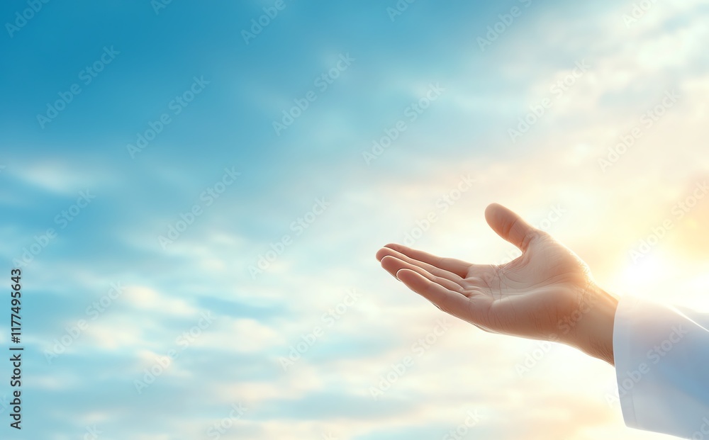 A hand reaching out towards a bright sky, symbolizing hope, spirituality, and possibilities. The soft clouds and sunlight evoke feelings of peace and optimism in a serene setting. A hand reaching out towards a bright sky, symbolizing hope, spirituality, and possibilities. The soft clouds and sunlight evoke feelings of peace and optimism in a serene setting.