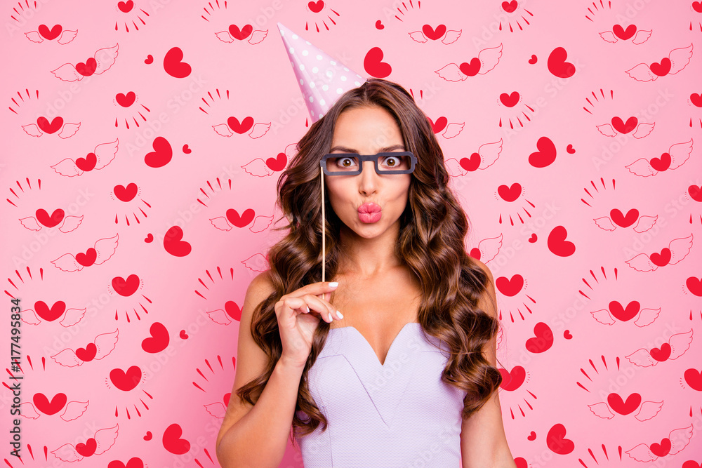 Joke, humorous, comic, comedy, comedian concept. Close up portrait gorgeous, adorable, good-looking, magnificent lady with fake paper glasses on stick make kiss isolated on vivid pink background Joke, humorous, comic, comedy, comedian concept. Close up portrait gorgeous, adorable, good-looking, magnificent lady with fake paper glasses on stick make kiss isolated on vivid pink background