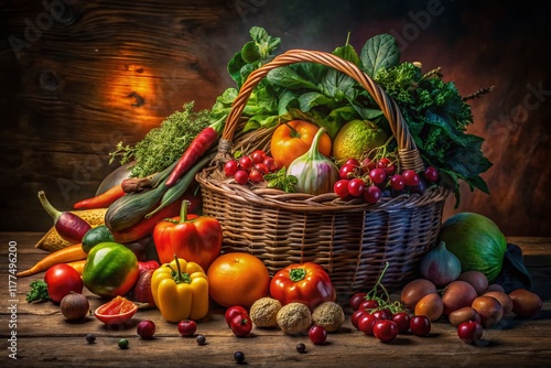 Low Light Still Life: Colorful Fruits and Vegetables in Rustic Basket