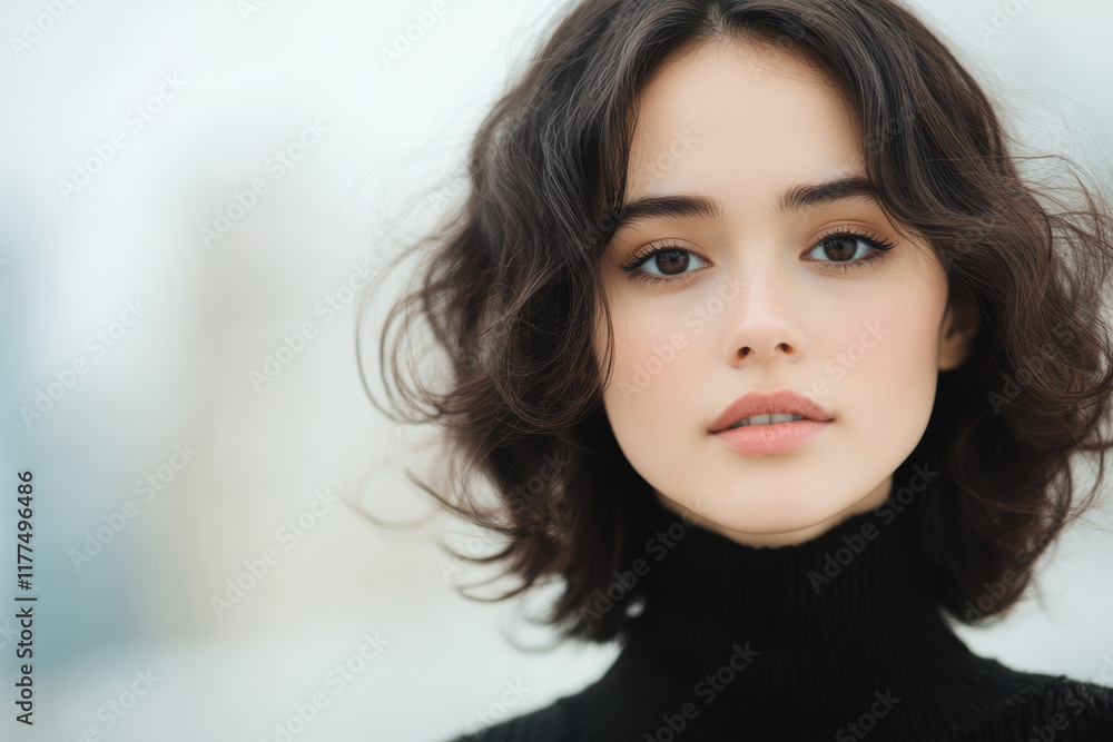 Young Caucasian Female with Curly Hair in Black Turtleneck Against Soft Background Young Caucasian Female with Curly Hair in Black Turtleneck Against Soft Background