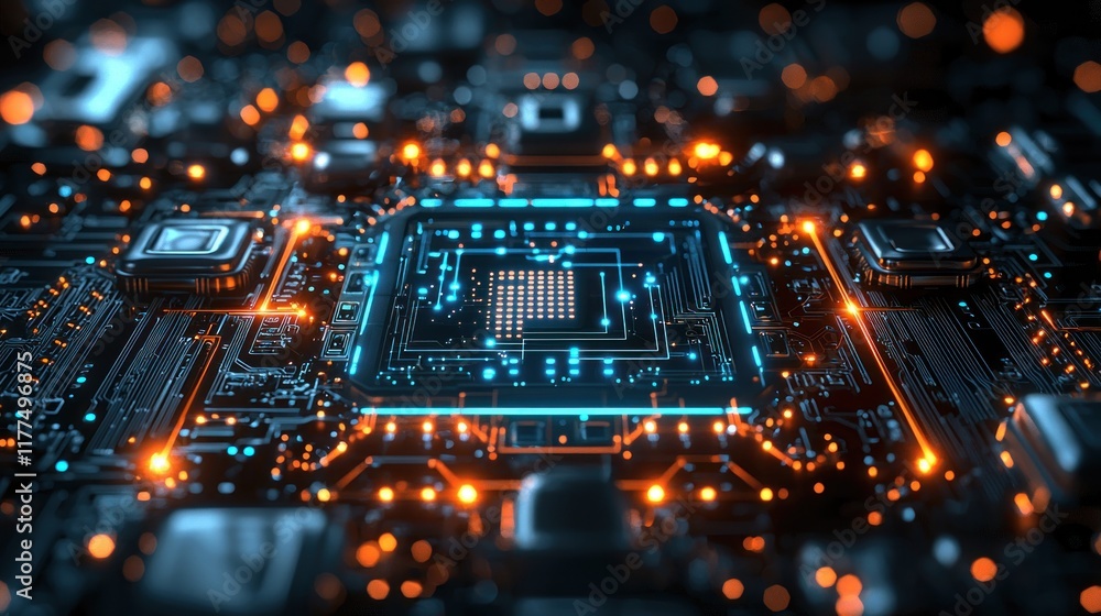 Obraz premium Glowing CPU on circuit board with data flow, blurred background lights