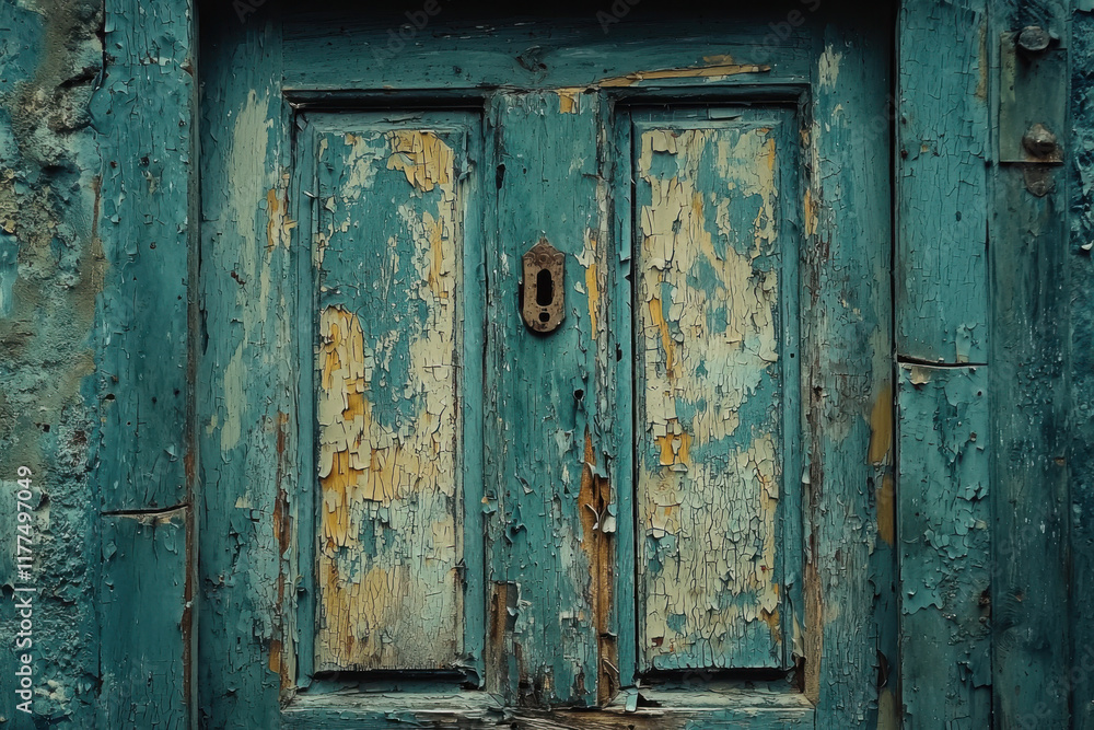 Old weathered wooden door showing signs of decaying paint and time Old weathered wooden door showing signs of decaying paint and time