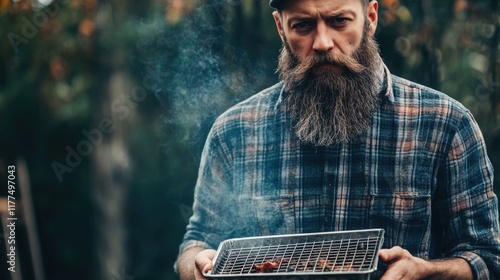 Bearded man in plaid shirt holding stainless steel barbecue grid tool outdoors surrounded by smoke and greenery, perfect for hipster BBQ cooking concepts photo