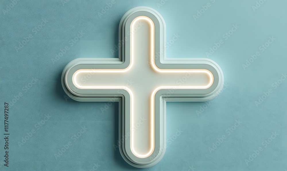 Obraz premium Glowing white plus sign on blue background.