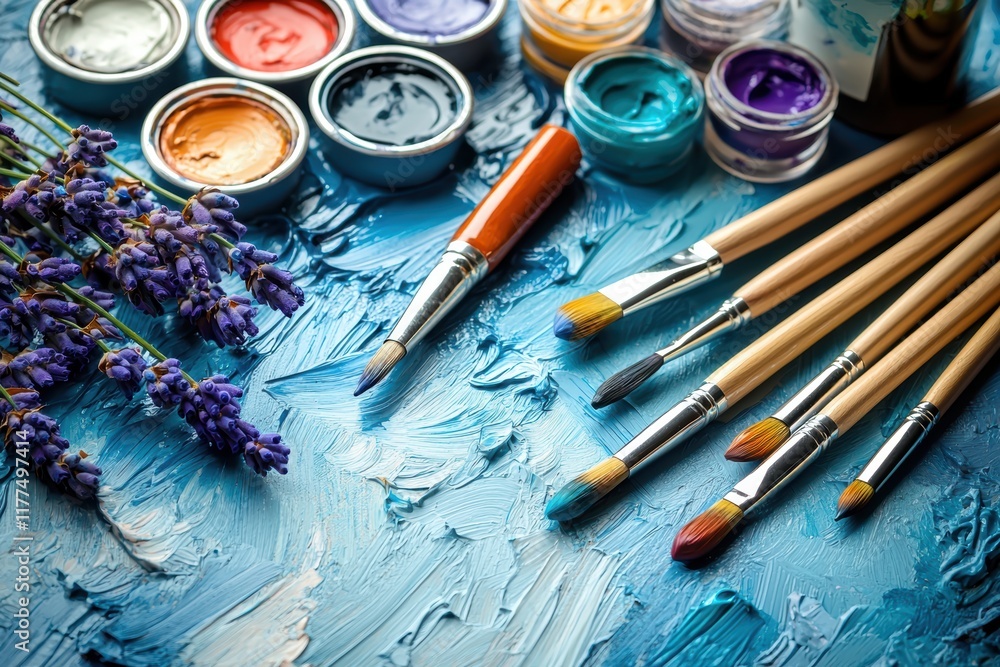 Obraz premium Artistic tools showcase creative workspace flat lay photography bright setting overhead view inspiration for artists