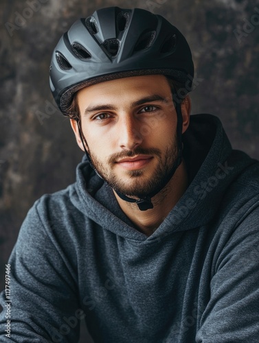 Handsome young man wearing a black bike helmet and gray hoodie, portrait with a dark textured background, ideal for text overlay and branding. photo