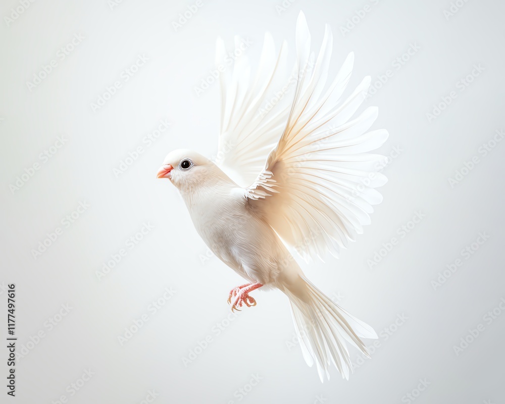 An elegant white bird in mid-flight with outstretched wings against a soft, blurred background An elegant white bird in mid-flight with outstretched wings against a soft, blurred background