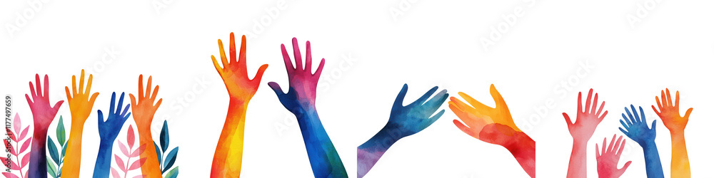 Vibrant Illustration of Colorful Hands Reaching Out in Bold Movements to Express Unity, Support, and Celebration in Diverse Community Engagement Vibrant Illustration of Colorful Hands Reaching Out in Bold Movements to Express Unity, Support, and Celebration in Diverse Community Engagement