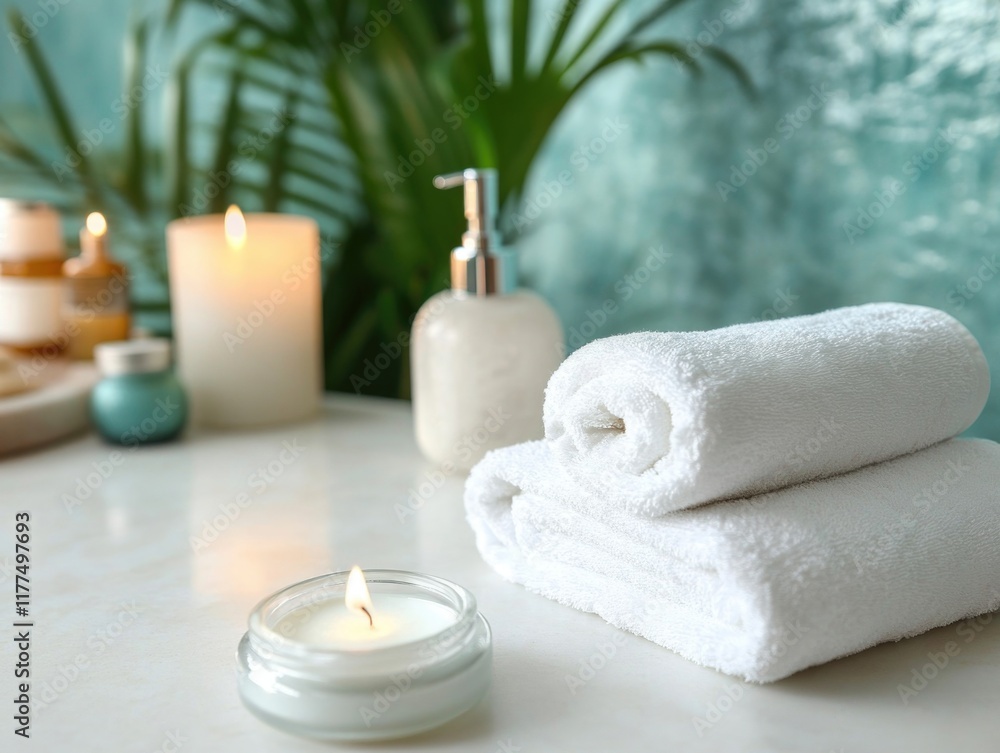 Serene spa setting featuring white towels and a lit candle on a marble surface with soft green background and lush palm leaves promoting relaxation and beauty treatments. Serene spa setting featuring white towels and a lit candle on a marble surface with soft green background and lush palm leaves promoting relaxation and beauty treatments.
