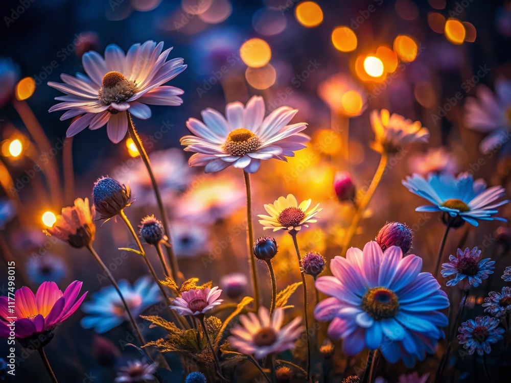 Fototapeta premium Luminous Wildflowers in Low Light, Night Bloom, Delicate Petals, Dark Background, Nature Photography